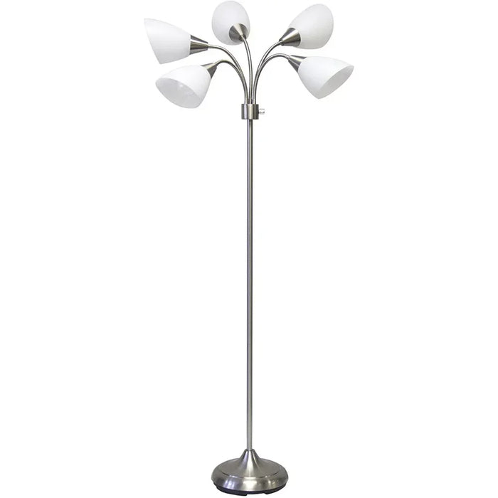5 Light Floor Lamp, Brushed Steel, White Frosted Plastic Shade Bedroom Reading Deco Dining Room Light