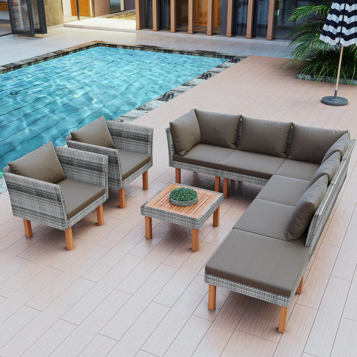 9Pcs Outdoor Patio Garden Wicker Sofa Set Gray PE Rattan Wood Legs Acacia Wood Tabletop Armrest Chairs W/Beige/Grey Cushions