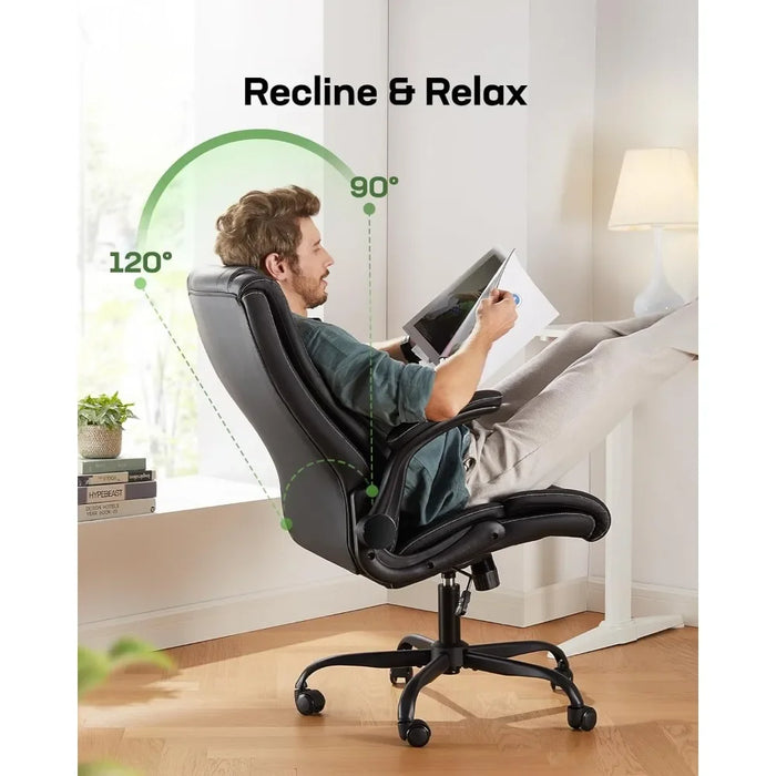 Office Chair with Flip-up Armrests,PU Leather Ergonomic Height-Adjustable Swivel Rolling Computer Desk Chairs,Black