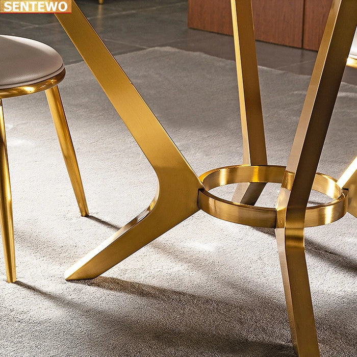 Designer Luxury round Marble Rock Slab dining table set 4 6 8 chairs esstisch furniture comedor marbre Stainless steel gold base