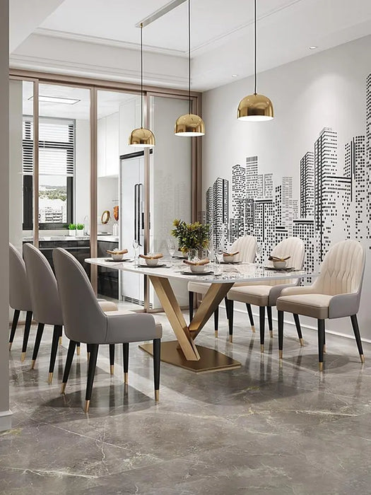 Luxurious Kitchen Table In Rectangle Marble Desk Top Stainless Steel Golden Finish 6 People Luxury Dining Table And Chair Set