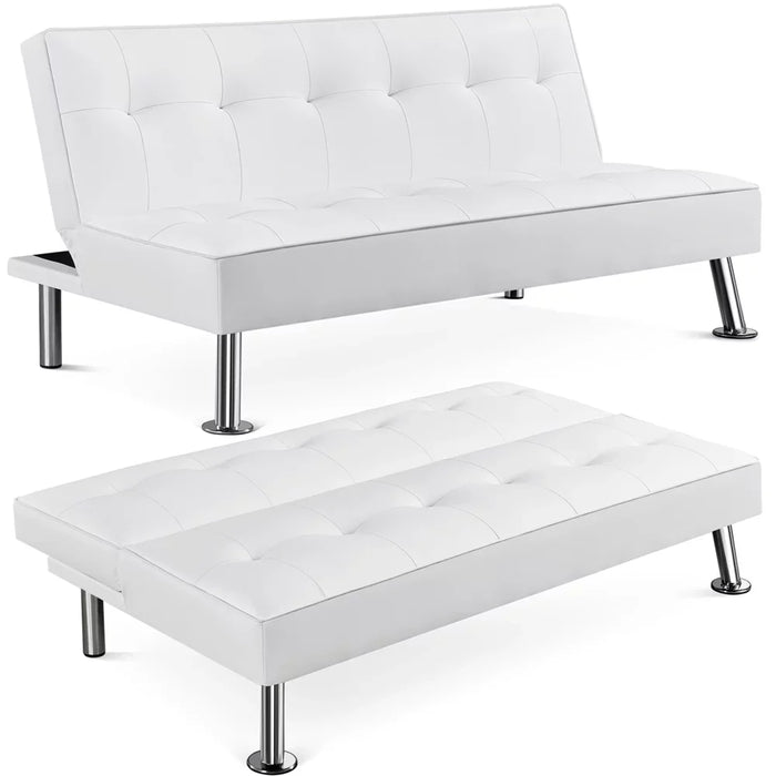 2023 New Easyfashion Convertible Black Faux Leather Futon Sofa Bed, Black/White