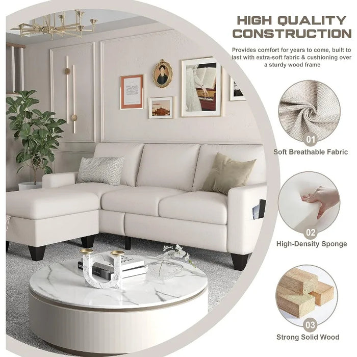 Convertible Sectional Sofa Couch,Beige Linen Fabric Modern 3-Seat L-Shaped Upholstered Furniture with Storage Reversible Ottoman