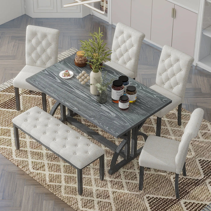6-Piece Retro Rectangular Dining Table Set with Table,4 Upholstered Chairs,1 Bench for Dining Room,Gray Wash