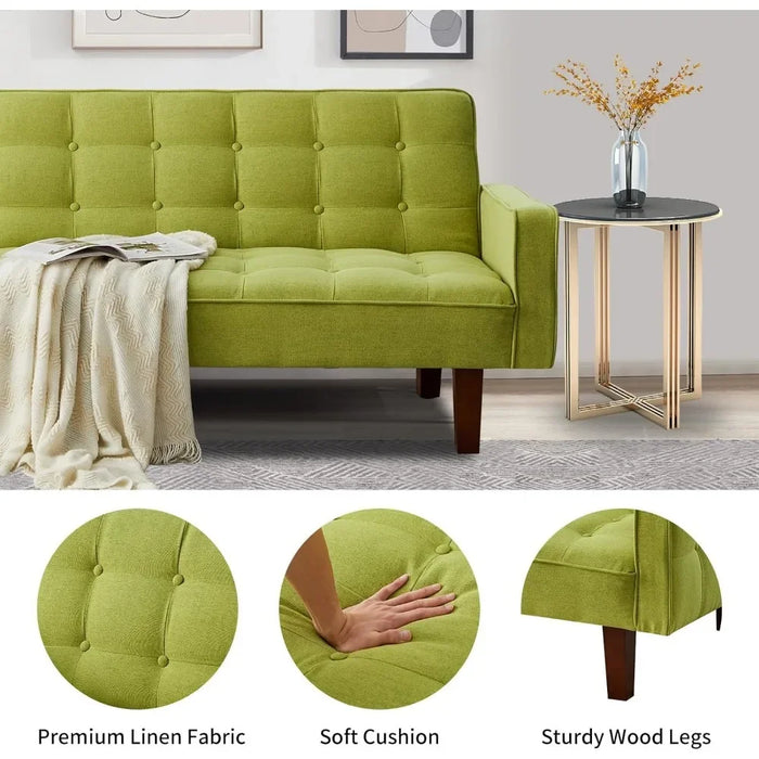 Convertible Futon Sofa Bed, Modern Tufted Loveseat Sofa Sleeper, Linen 3 Seater Couch for Living Room, Bedroom, Apartment, Green