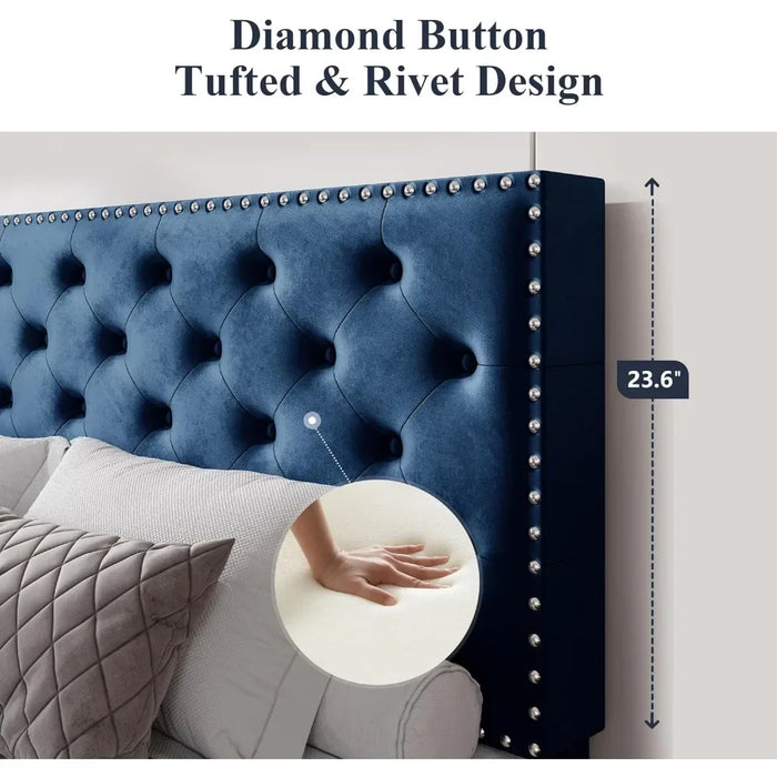 King size bed frame, velvet padded platform bed with adjustable diamond button tufting and nail head decoration headboard, bed