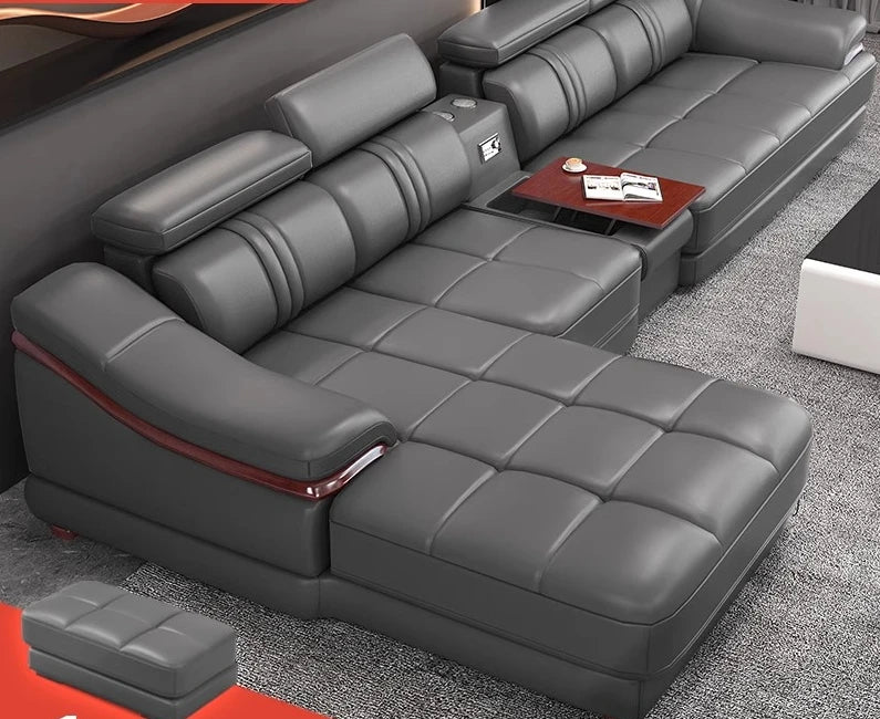 Leather top layer cowhide living room corner combination large and small apartment leather sofa combination