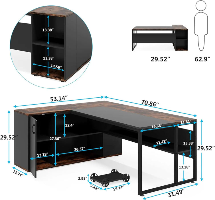 71 inch Executive Desk,L Shaped Desk with Cabinet Storage,Executive Office Desk with Shelves,Business Furniture Desk Workstation