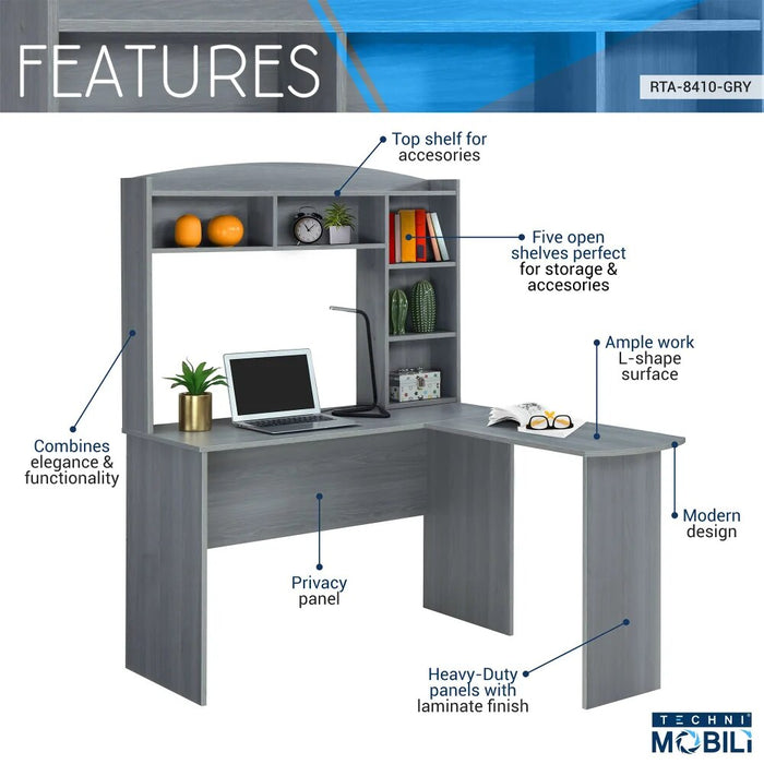 New Modern L-Shaped Desk with Hutch, Grey  Computer Desks  Bed Table  Study Table  Office Furniture  Standing Desk