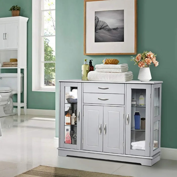 Sideboard Buffet Server Storage Cabinet W/ 2 Drawers, 3 Cabinets and Glass Doors for Kitchen Dining Room Furniture Cupboard
