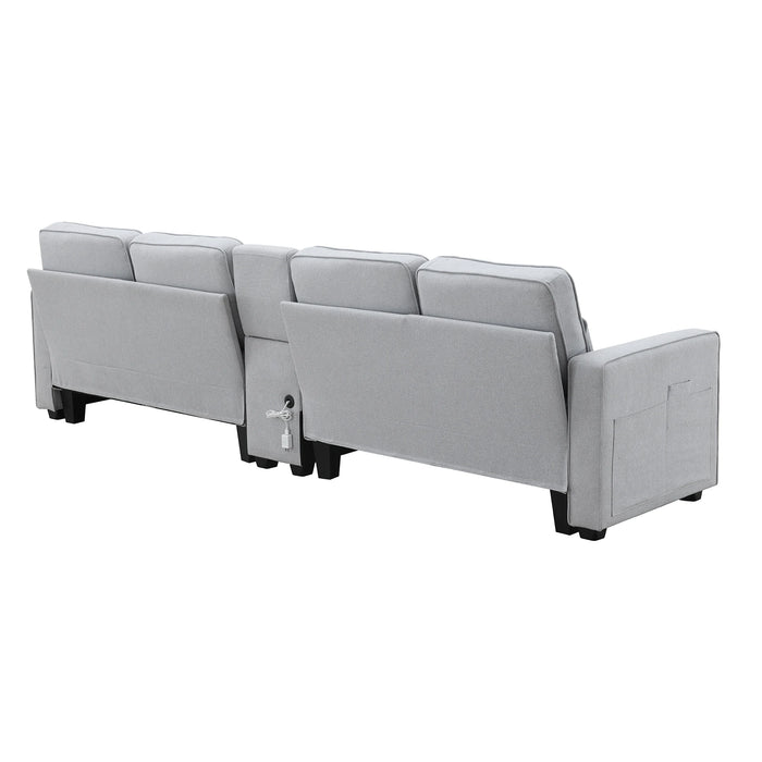 Upholstered Sofa with Console, 2 Cupholders and 2 USB Ports Wired or Wirelessly Charged, Linen Fabric Couches with 4 Pillows