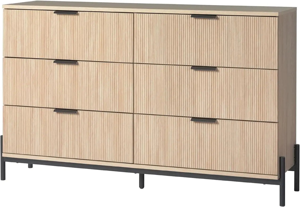 Modern 6 Chest with Reeded Drawer Fronts, 56 Inch, Coastal Oak