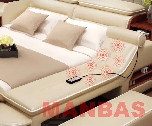 MINGDIBAO Massage Bed - Tech Smart Bed with Multifunctional Bed Frame, Genuine Leather, USB, Bluetooth Speaker and Safe Bedroom