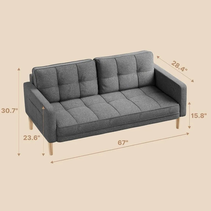 67" Sofa Couch,2 or 3 Seater Sofa with Comfort Back Pillows, Deep Seat and Solid Wood Legs,Loveseat Futon Couch for Living Rooms
