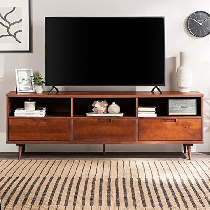 Walker Edison Millie Mid Century Modern 3 Drawer Solid Wood Low Stand for TVs up to 80 Inches, 70 Inch, Walnut