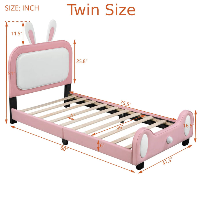 [Flash Sale]Full/Twin Size Upholstered Rabbit-Shape Princess Bed Platform Bed Frame with Headboard & Footboard White+Pink[US-W]