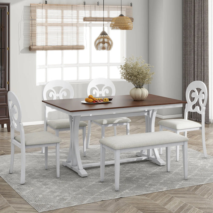 Mid-Century 6-Piece Trestle Table Set with Victorian Round Upholstered Dining Chairs and Long Bench