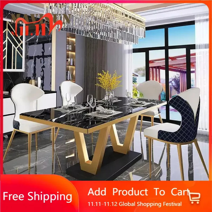 Large Family Table Dining For 8 Person Villa Hotel Luxury Glossy Marble Top Stainless Steel Frame Rectangle Desk With Chairs Set
