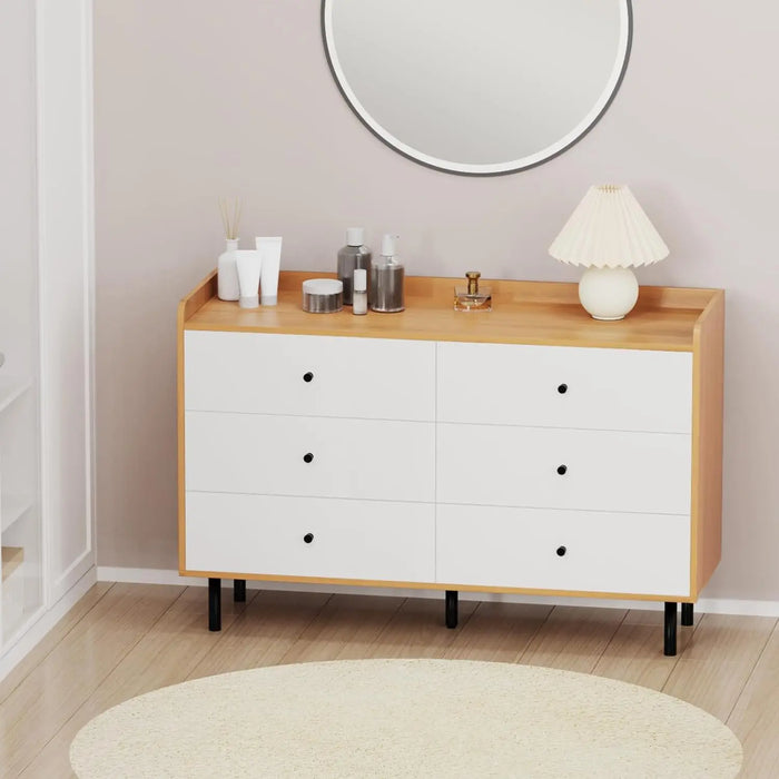 Dresser for Bedroom with 6 Drawers, Modern Wood 6 Drawer Dresser with Black Knobs, Chest of Drawers for Nursery, Living Room