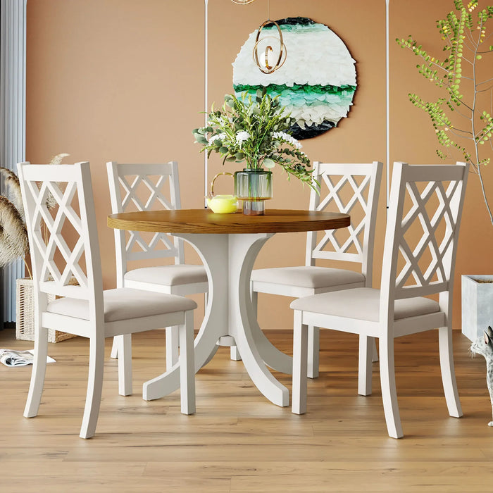 Solid Wood 5-Piece Round Dining Table Set, Kitchen Table Set with Upholstered Chairs for Small Places, Walnut Table+
