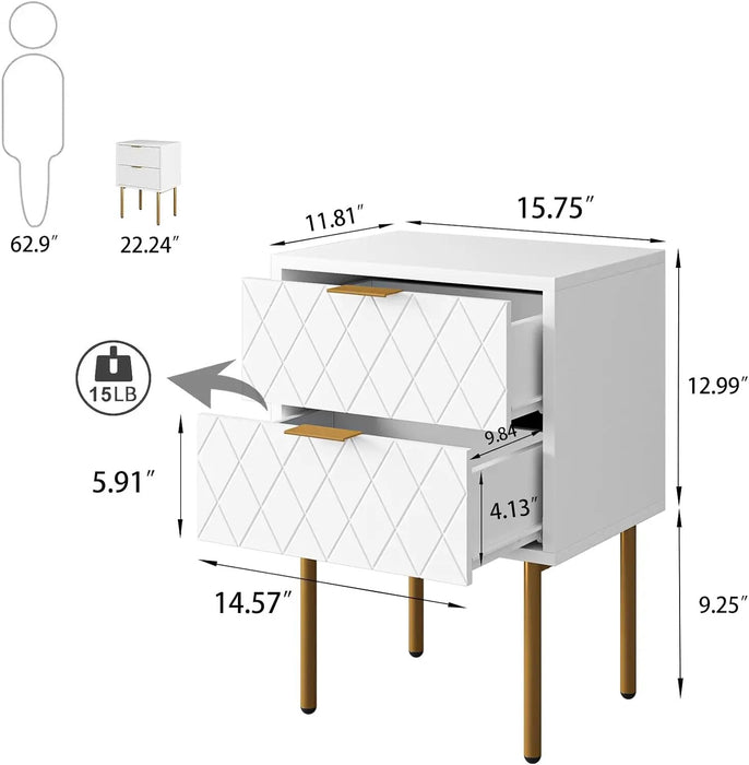 2 Drawer Dresser for Bedroom, Small Side Table with 2 Drawers, Bedside Furniture, Night Stand, End Table with Gold Frame for Bed