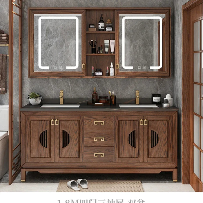 Vintage Oak Bathroom Cabinet Solid Wood Bathroom Vanity Cabinet with Sink Ceramic Washbasin Slate Countertop Bathroom Furniture