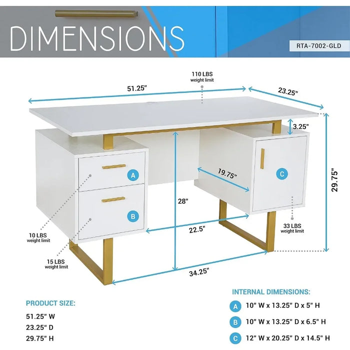 Storage Drawers and Cabinet 51.25” W-Modern Office Large Floating Desktop Surface Desk White/Gold Freight Free Computer Table