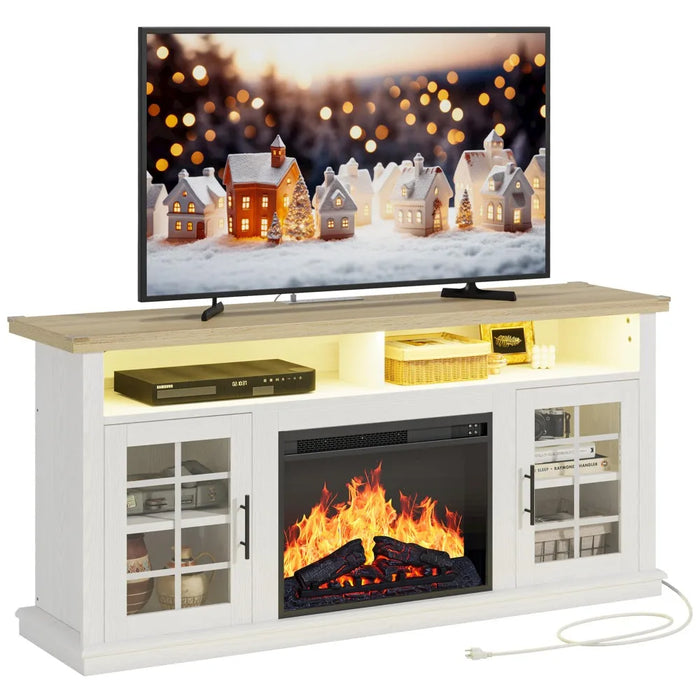 2024 New Fireplace TV Stand with Power Outlet and LED Light