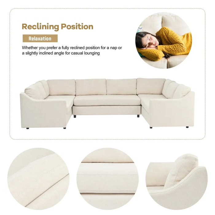8 Seat Upholstered Sectional Sofa, U-Shaped Sofas with Thick Seat and Back Cushions, Beige Large Sectional Couch