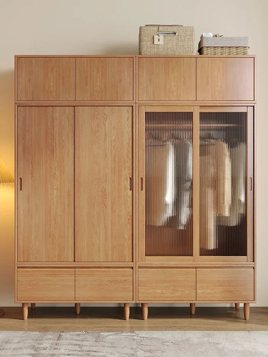 Solid wood wardrobe, home bedroom storage cabinet, small unit, natural wood oak hanging wardrobe, sliding door wardrobe