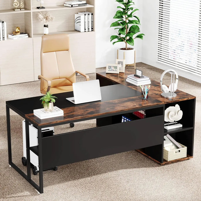 71 inch Executive Desk,L Shaped Desk with Cabinet Storage,Executive Office Desk with Shelves,Business Furniture Desk Workstation