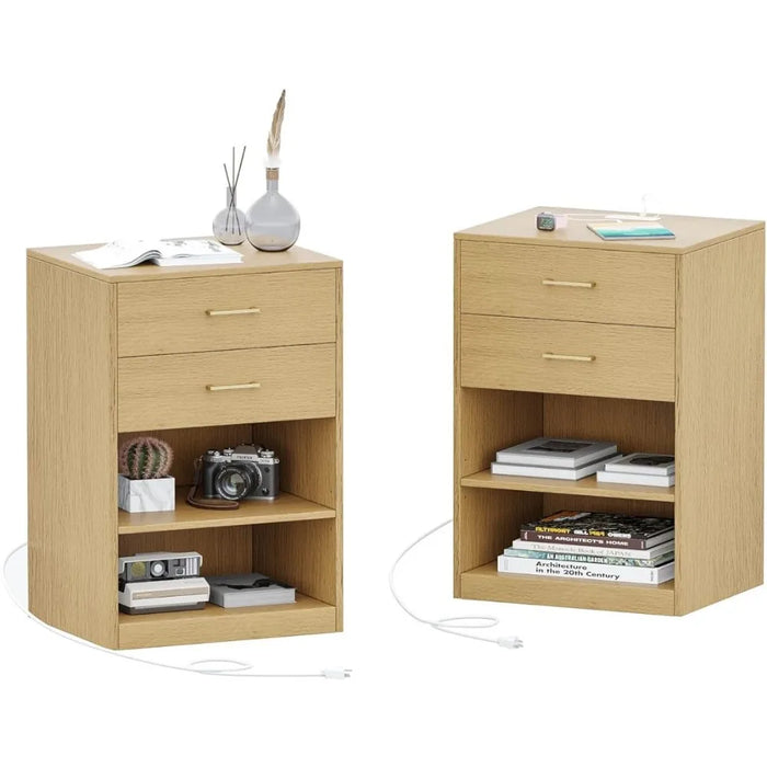 Irontar Nightstands Set of 2, Nightstand with Charging Station, Bedside Table with Removable Shelf, Side Table with Open Storage