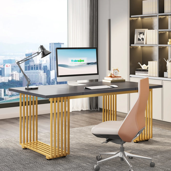 Tribesigns 70.9" Modern Executive Desk, Wood Office Desk, Grey Simple Computer Desk with Gold Metal Legs