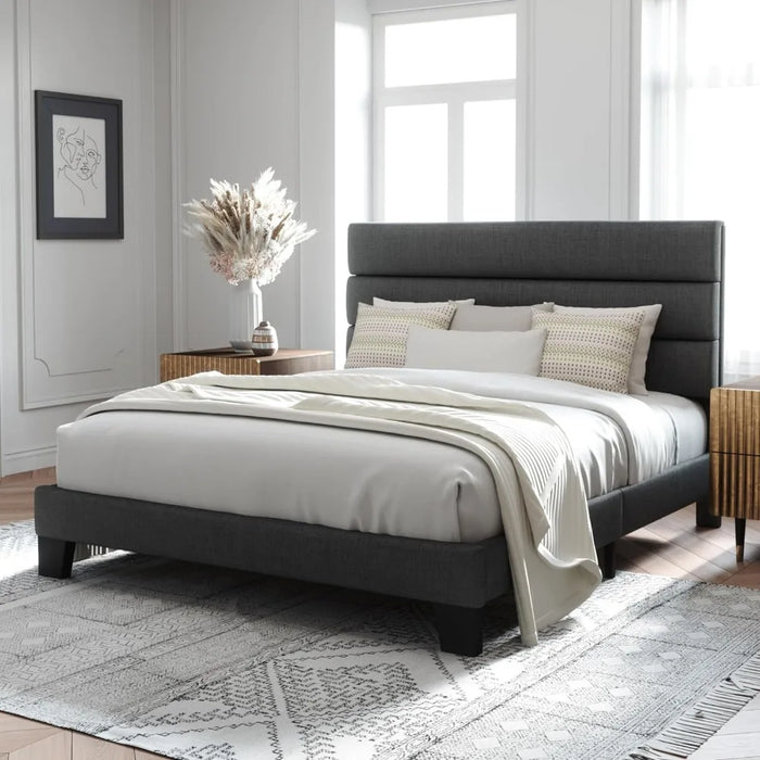 Platform Bed Frame with Fabric Upholstered Headboard and Wooden Slats Support, Fully Upholstered Mattress Foundation