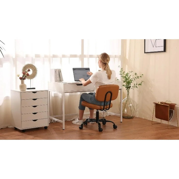 Brown Office Chair Armless Home Office Desk Chair With PU Leather Low Back Lumbar Support and Wheels Free Shipping Chairs Swivel