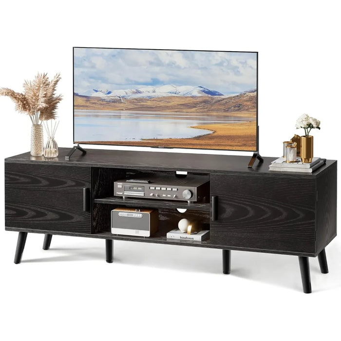 Media Console Furniture for Tv Stands 2 Cabinets Tv Stand Living Room Furniture Cord Holes Bedroom Solid Wood Feet Black Cabinet