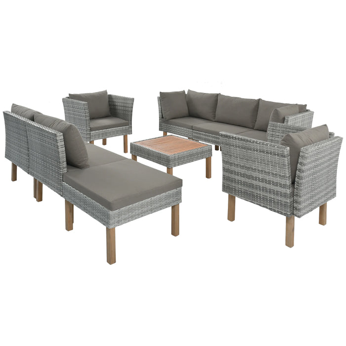 9Pcs Outdoor Patio Garden Wicker Sofa Set Gray PE Rattan Wood Legs Acacia Wood Tabletop Armrest Chairs W/Beige/Grey Cushions