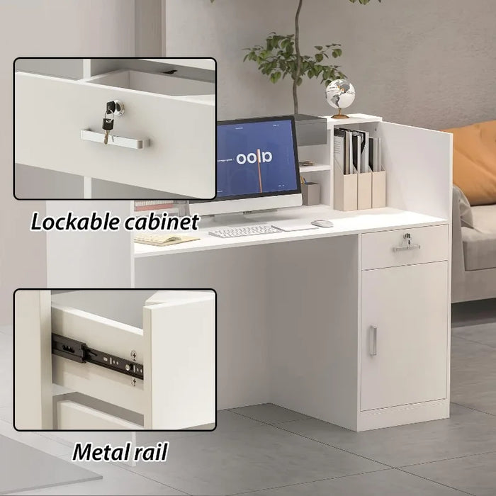 AIEGLE Reception Counter Desk with Adjustable Shelf & Lockable Drawersfor Salon Reception Room Checkout Office, White