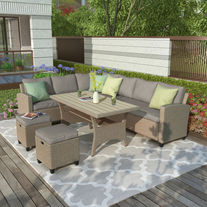 Patio Furniture Set 5 Pcs Outdoor Conversation Set All Weather Wicker Sectional Couch Sofa Dining Table Chair w/ Ottoman&Pillow