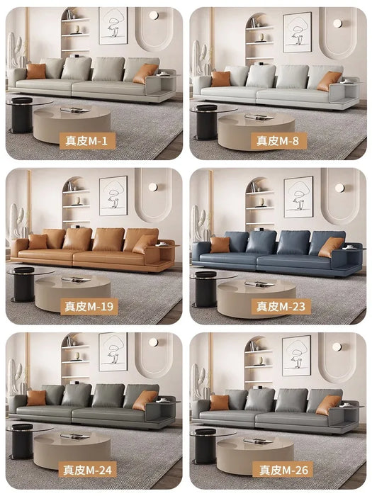 Italian minimalist leather sofa, grand villa, large family living room, modern simplicity, light luxury