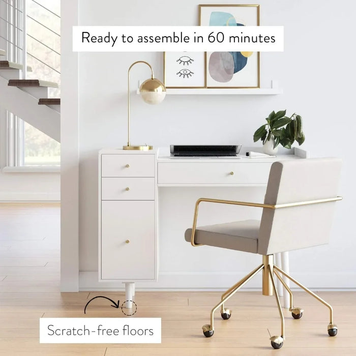 Dresser or vanity table with 4 drawers and brass-trimmed knobs, white wood