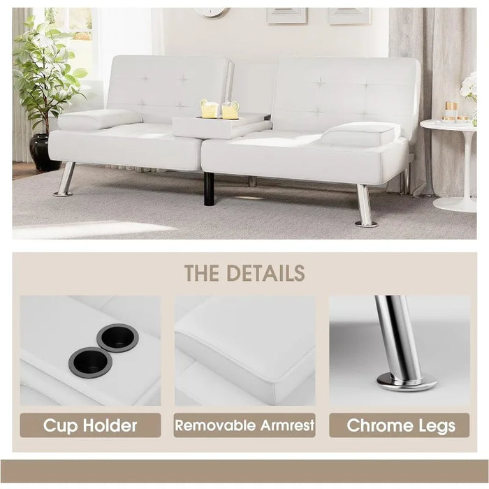 Futon Sofa Bed Modern Couch, Convertible Folding Futon Couch Recliner Lounge with 2 Cup Holders with Armrest (White)