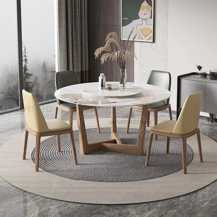 Nordic Round Dining Table With Turntable For Small Apartment Solid Wood Kitchen Household Furniture Simple Slate Table 4 Chairs