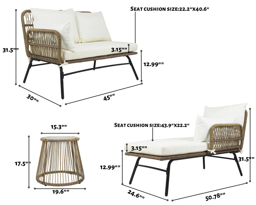 3PCS Outdoor Patio Furniture Set Balcony L Shape Natural Color PE Wicker Sofa Set with Beige Cushion,Round Tempered Glass Table