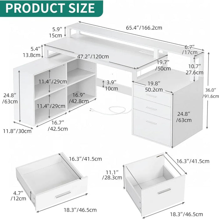 L Shaped Desk with Power Outlets LED Lights File Cabinet,65"Computer Desk Corner Desk with 3 Drawers and 4 Storage Shelves,White