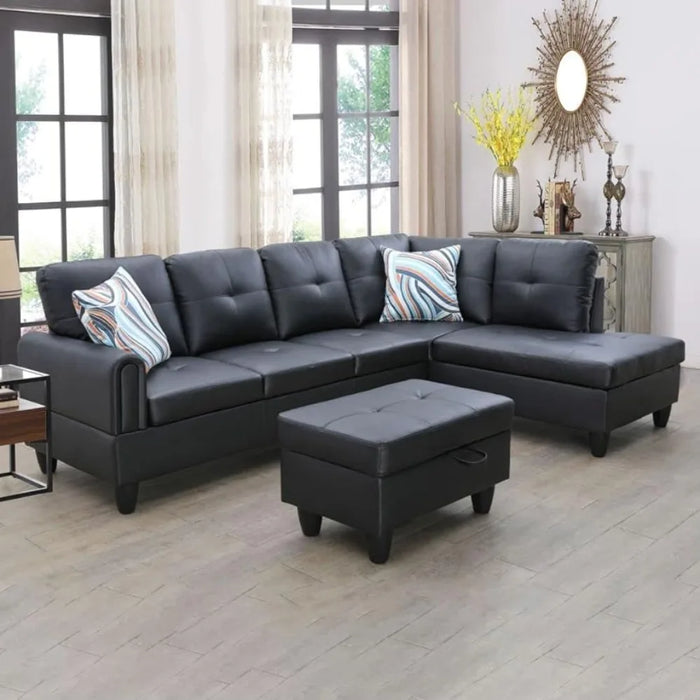 L-Shaped Faux Leather Sectional Sofa, With footstool and 2 living room throw pillows, Modular Sofa with Button Nailhead Decor