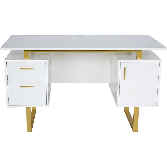 Storage Drawers and Cabinet 51.25” W-Modern Office Large Floating Desktop Surface Desk, White/Gold