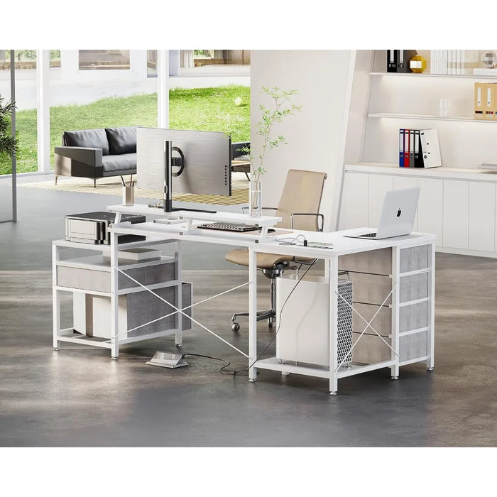 KKL L Shaped Computer Desk with File Drawers & 3 Power Outlets & 2 USB Ports, 72 Inch Home Office Desk with Printer Cabinet