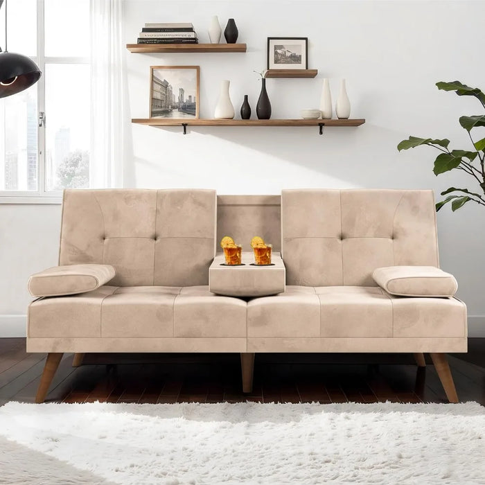 Futon Couch Sofa Bed Convertible Small Loveseat Sleeper with Cup Holder&Wood Legs&Removable Armrests,Small Spaces,Living Room