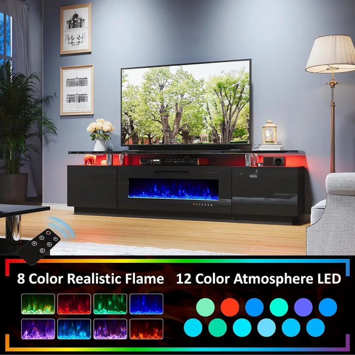 AMERLIFE 2 Tiers Fireplace TV Stand with 40" Fireplace, 80" Modern High Gloss Entertainment Center with Fireplace, LED Lights